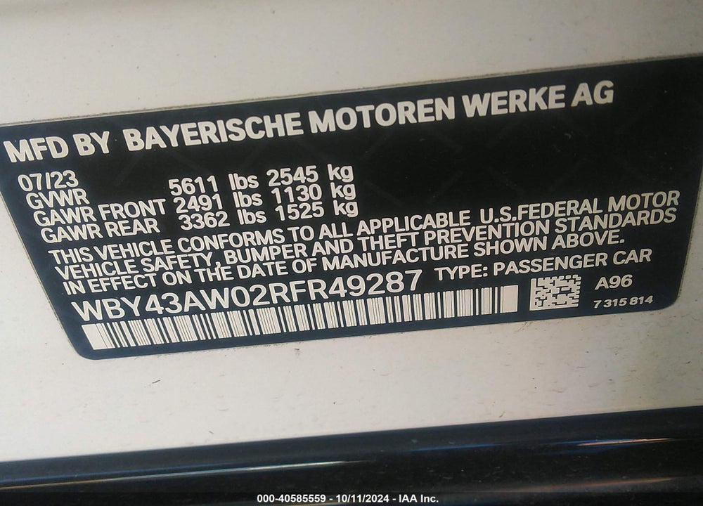 2024 BMW I4 EDRIVE35 VIN: WBY43AW02RFR49287