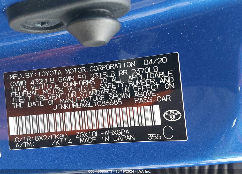 2020 TOYOTA C-HR XLE VIN: JTNKHMBX6L1086685