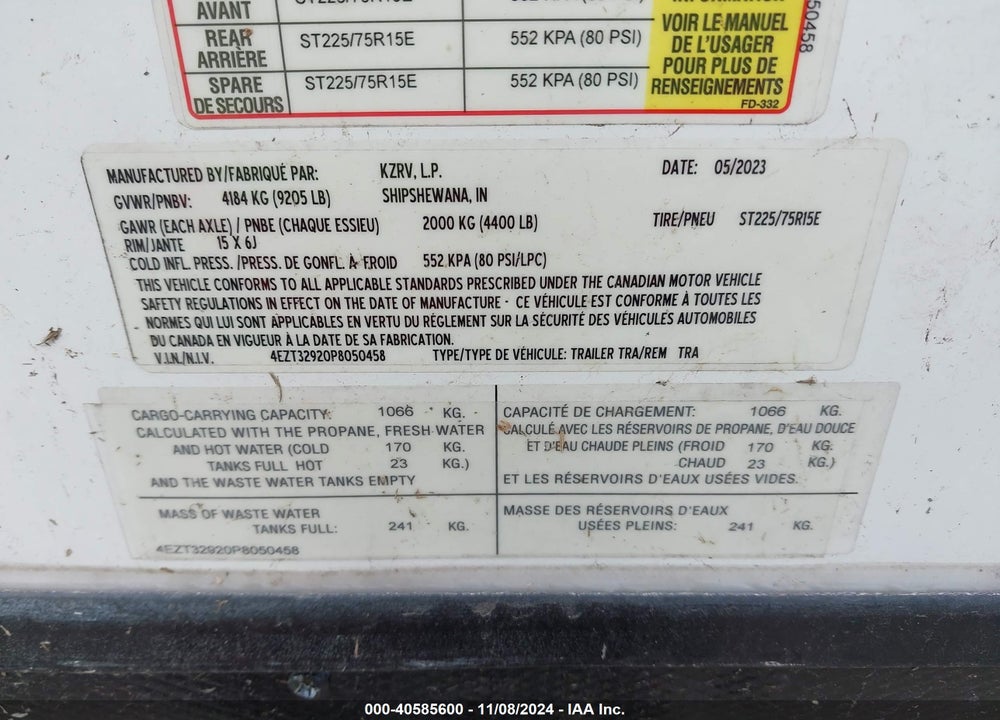 2023 KZ STRATUS VIN: 4EZT32920P8050458