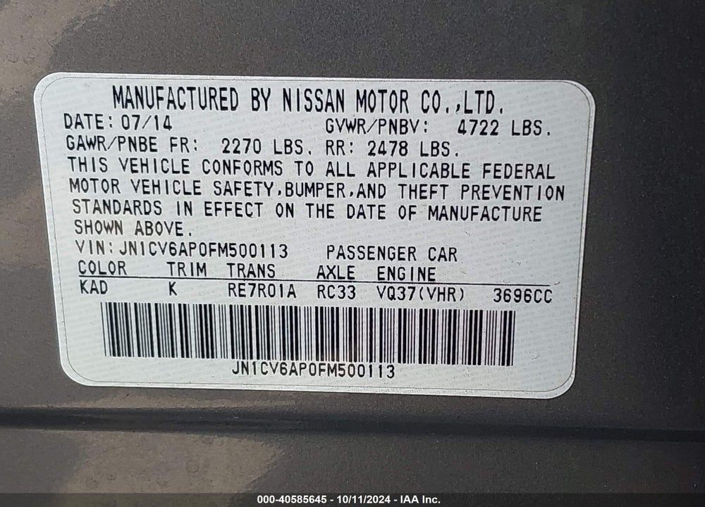 2015 INFINITI Q40 VIN: JN1CV6AP0FM500113