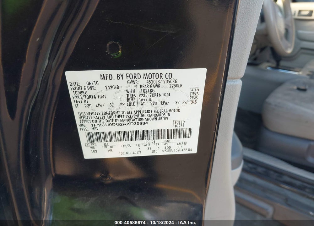 2010 FORD ESCAPE XLT VIN: 1FMCU0DG2AKD30684