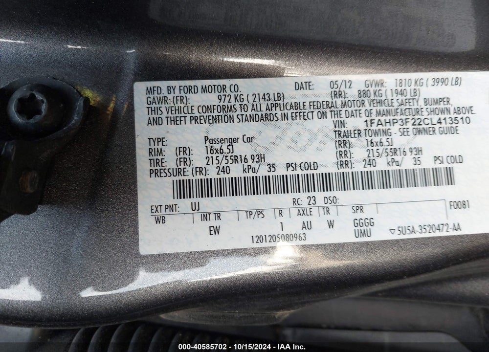 2012 FORD FOCUS SE VIN: 1FAHP3F22CL413510