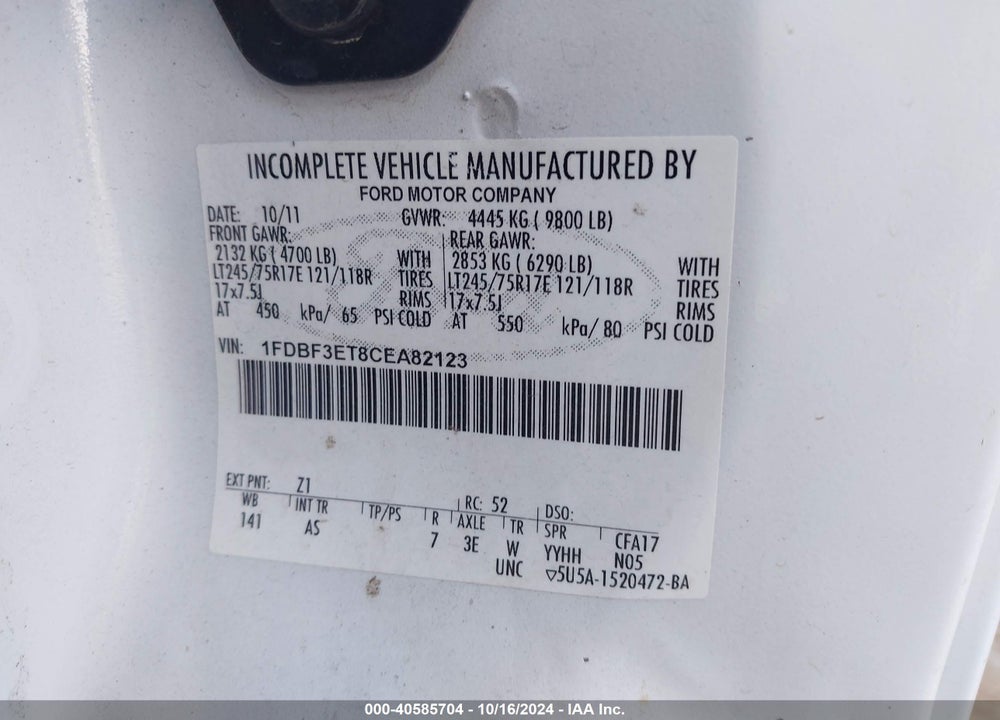2012 FORD F-350 CHASSIS VIN: 1FDBF3ET8CEA82123