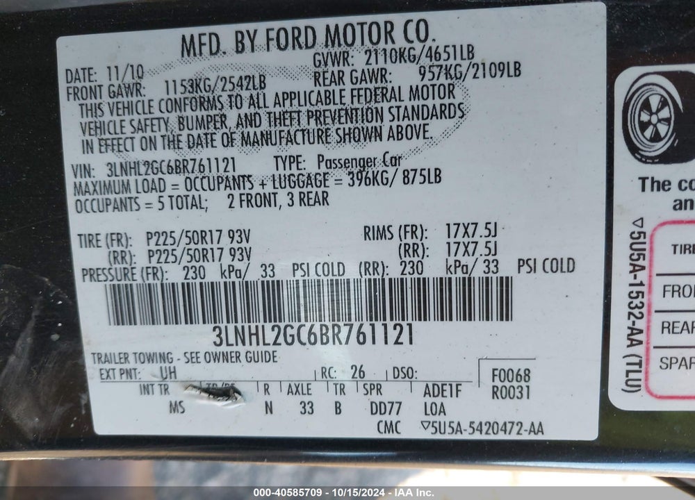 2011 LINCOLN MKZ VIN: 3LNHL2GC6BR761121