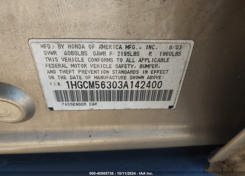 2003 HONDA ACCORD 2.4 LX VIN: 1HGCM56303A142400