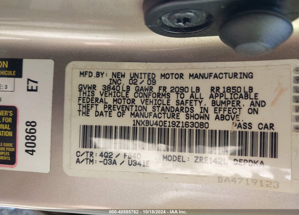 2009 TOYOTA COROLLA LE VIN: 1NXBU40E19Z163080