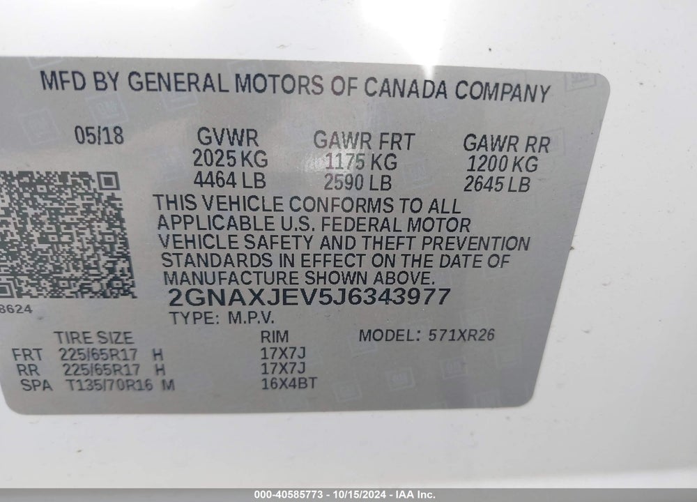 2018 CHEVROLET EQUINOX LT VIN: 2GNAXJEV5J6343977