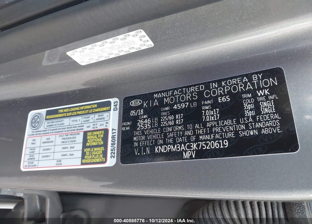 2019 KIA SPORTAGE VIN: KNDPM3AC3K7520619