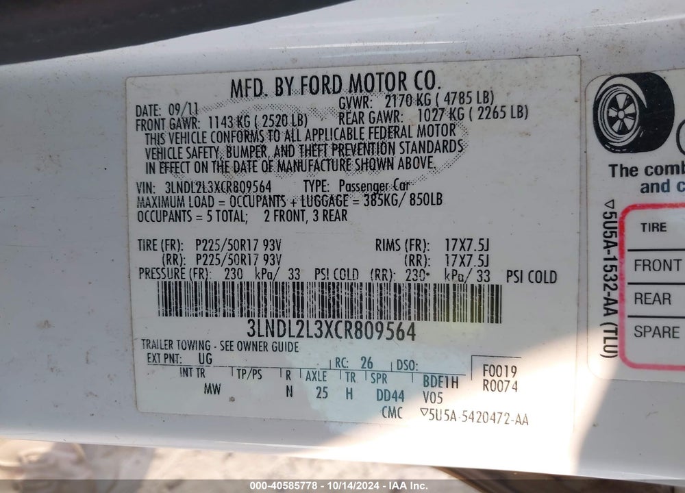 2012 LINCOLN MKZ HYBRID VIN: 3LNDL2L3XCR809564