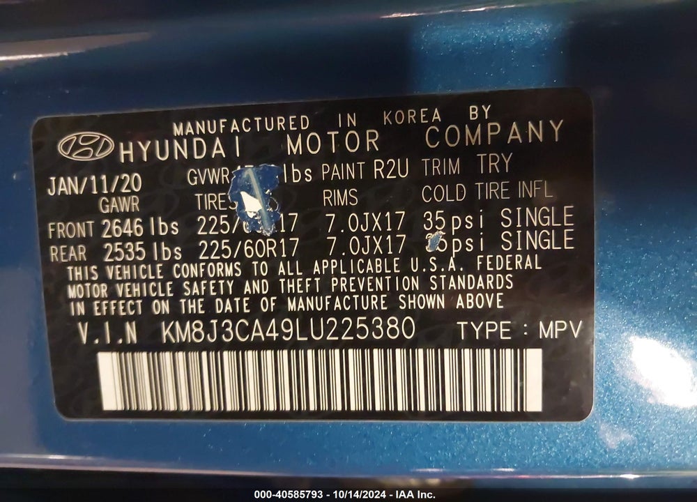 2020 HYUNDAI TUCSON VIN: KM8J3CA49LU225380