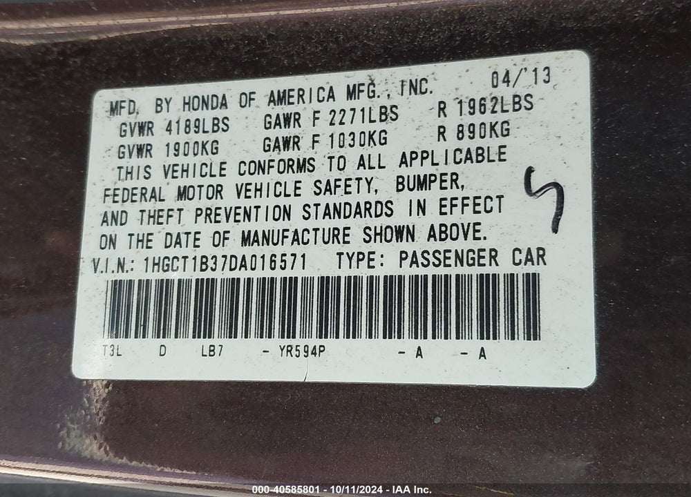 2013 HONDA ACCORD LX-S VIN: 1HGCT1B37DA016571
