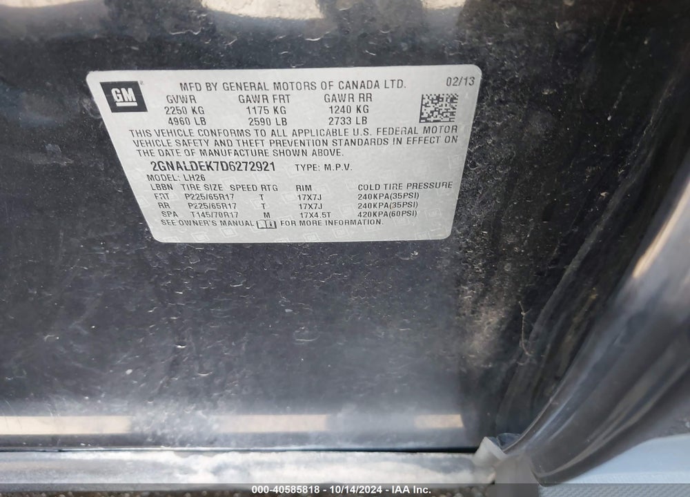2013 CHEVROLET EQUINOX 1LT VIN: 2GNALDEK7D6272921