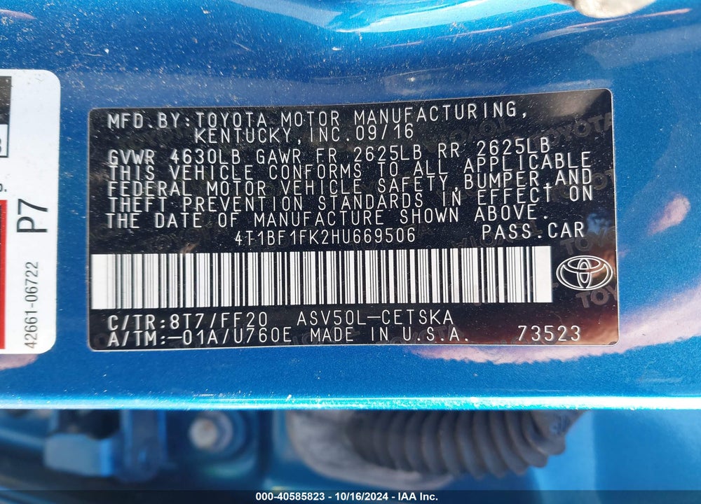 2017 TOYOTA CAMRY SE VIN: 4T1BF1FK2HU669506