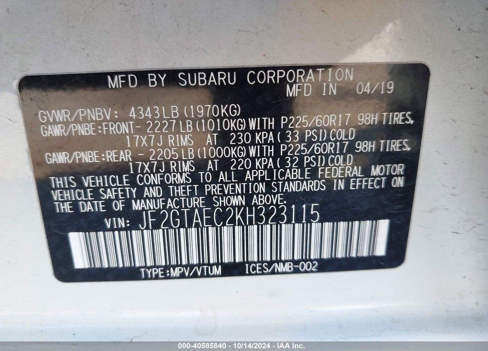 2019 SUBARU CROSSTREK 2.0I PREMIUM VIN: JF2GTAEC2KH323115