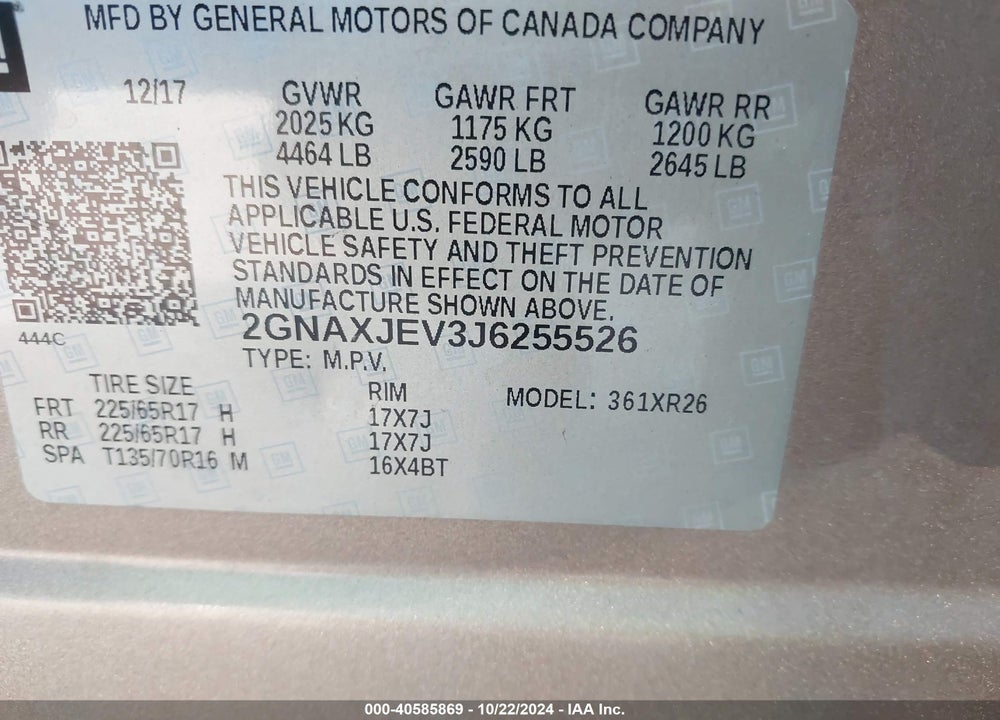 2018 CHEVROLET EQUINOX LT VIN: 2GNAXJEV3J6255526