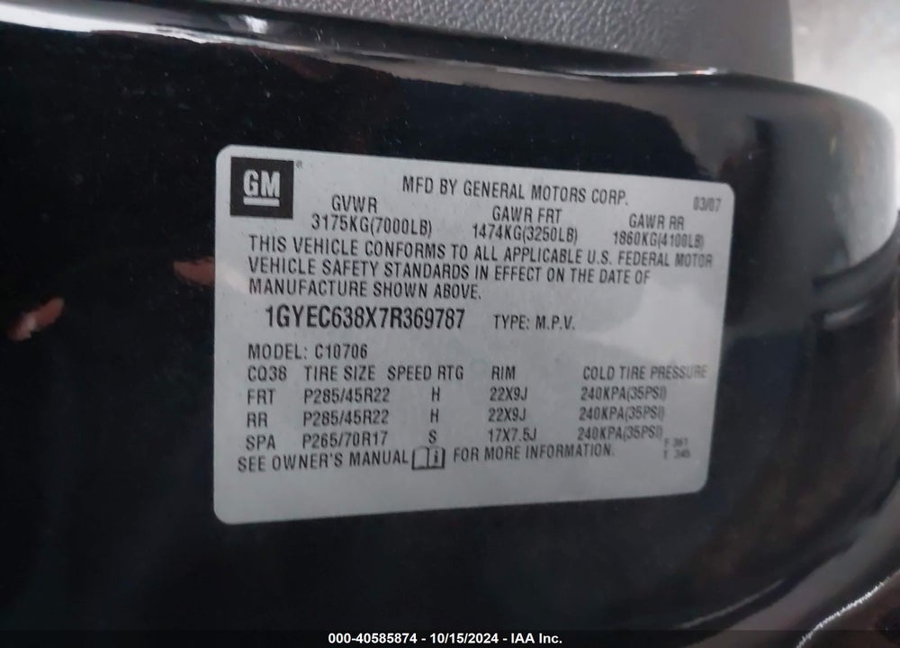 2007 CADILLAC ESCALADE STANDARD VIN: 1GYEC638X7R369787