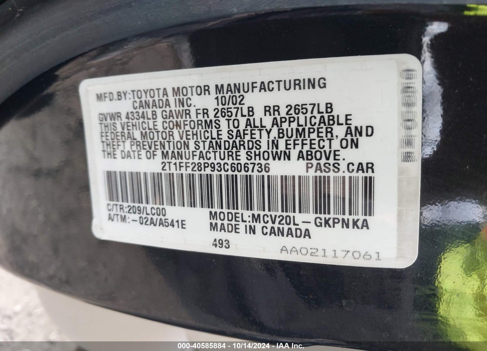2003 TOYOTA CAMRY SOLARA SLE V6 VIN: 2T1FF28P93C606736