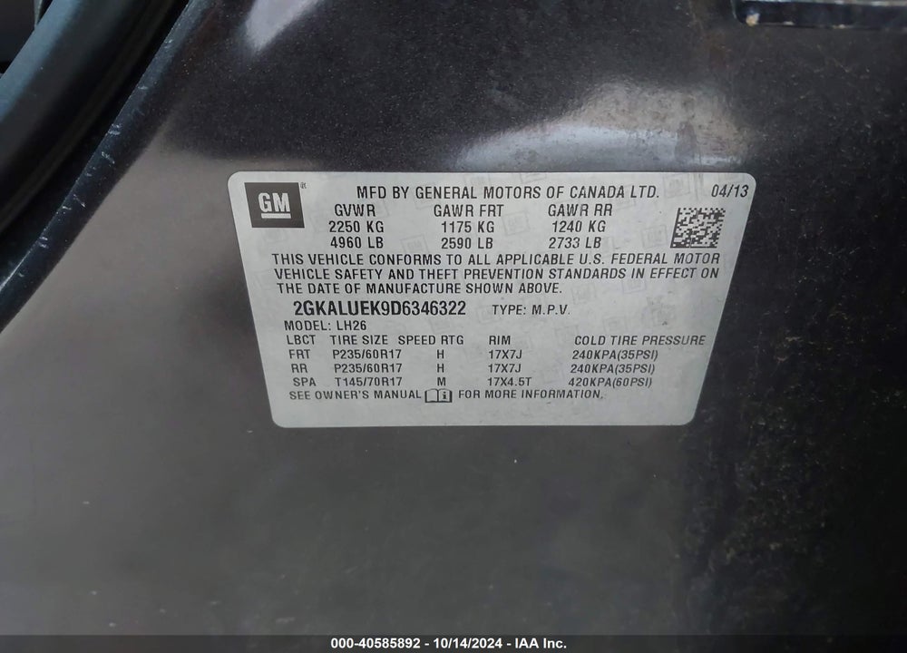 2013 GMC TERRAIN SLT-1 VIN: 2GKALUEK9D6346322