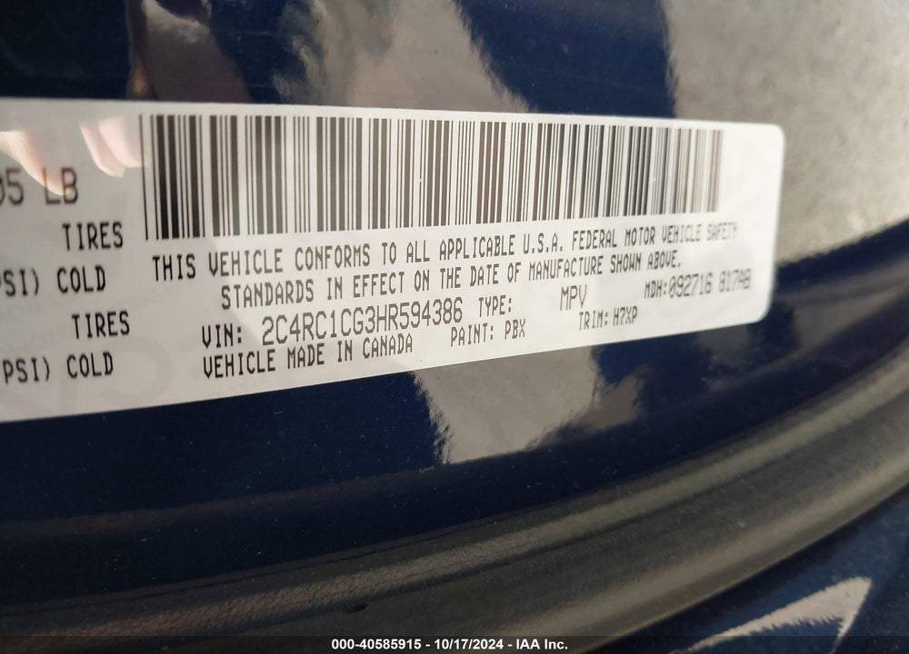 2017 CHRYSLER PACIFICA LX VIN: 2C4RC1CG3HR594386