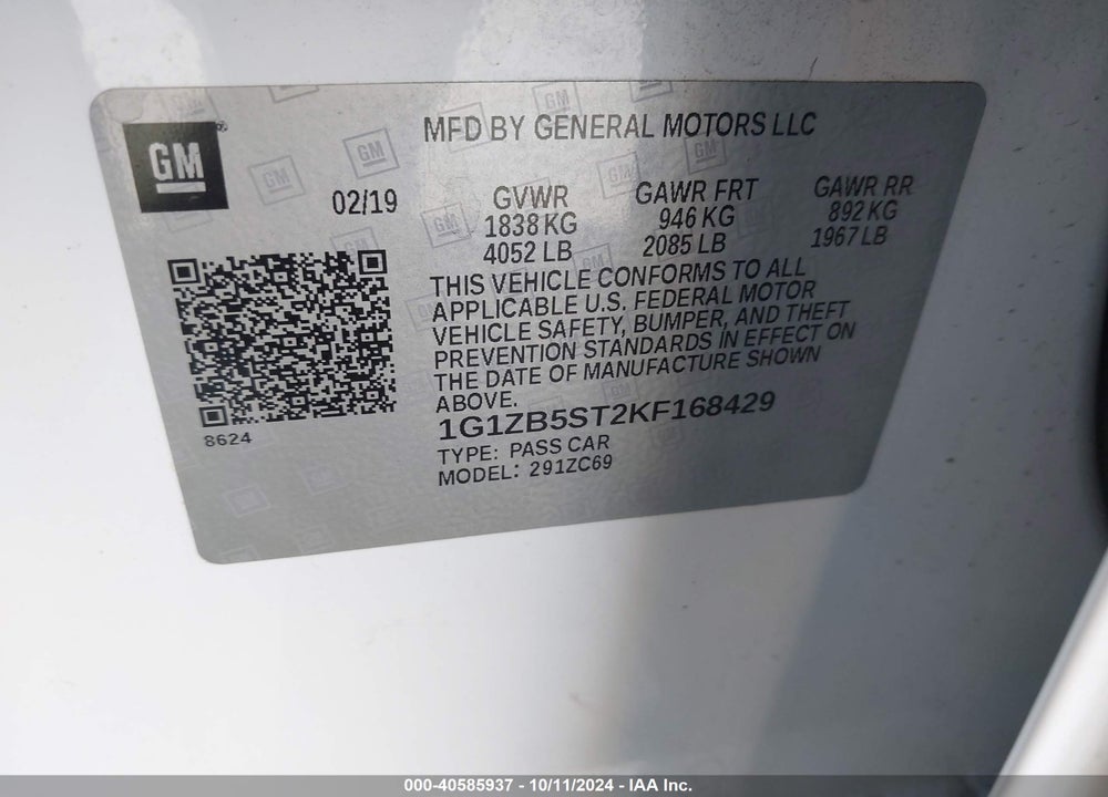 2019 CHEVROLET MALIBU 1LS VIN: 1G1ZB5ST2KF168429