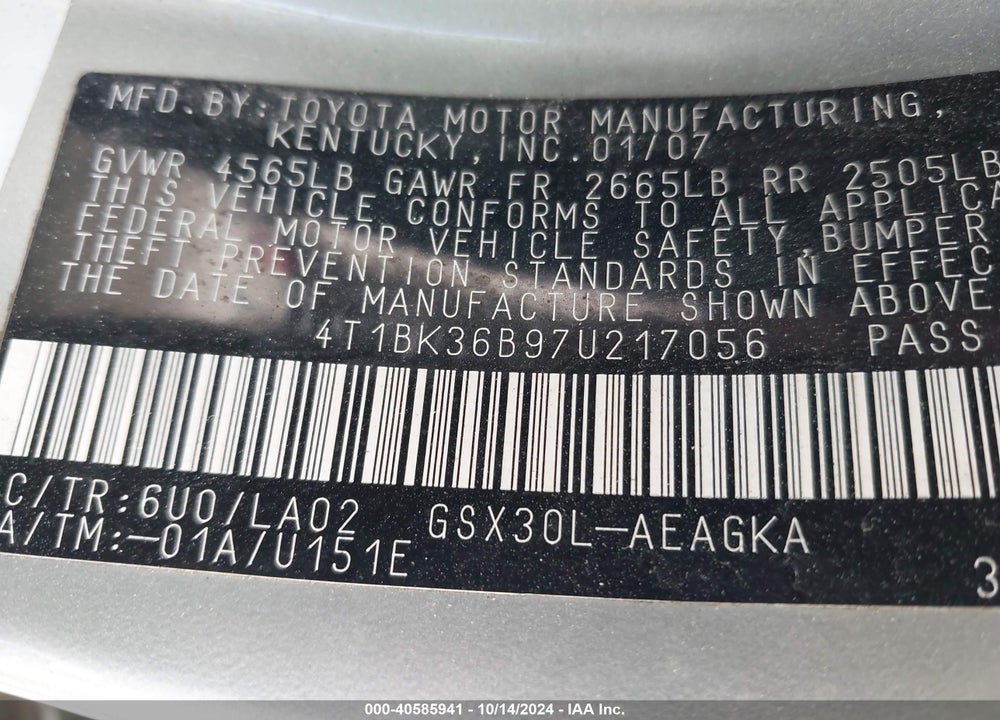 2007 TOYOTA AVALON XLS VIN: 4T1BK36B97U217056