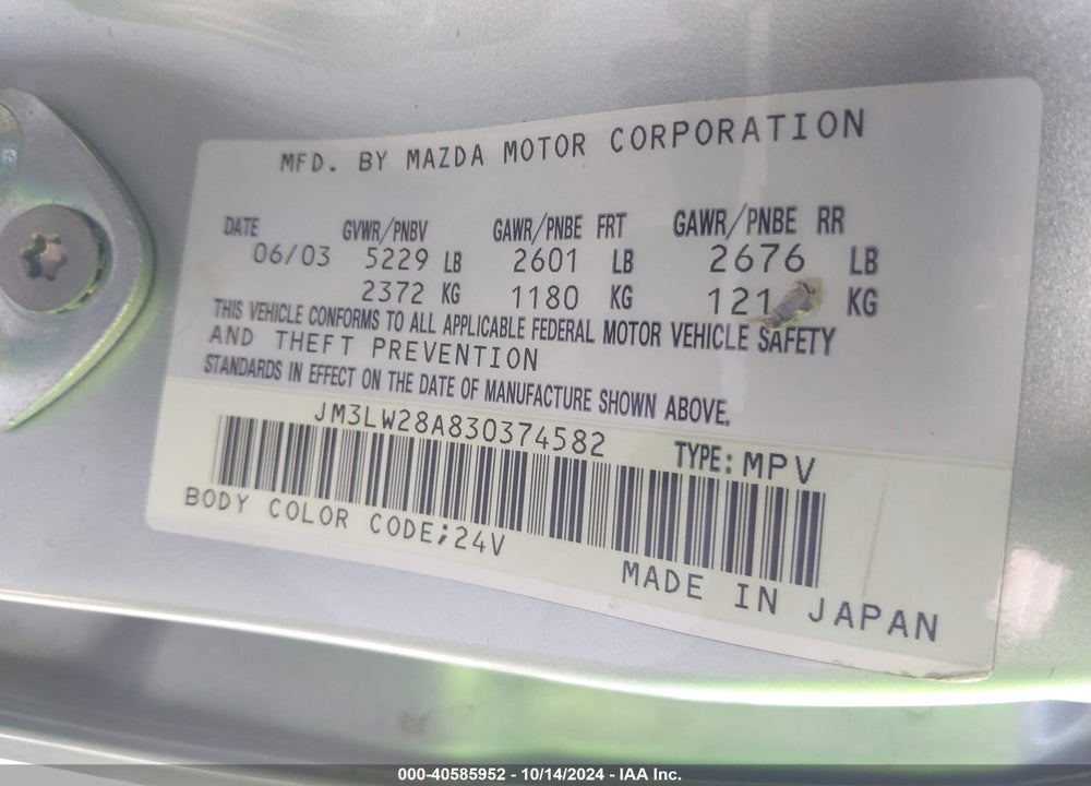 2003 MAZDA MPV ES/LX/LX-SV VIN: JM3LW28A830374582