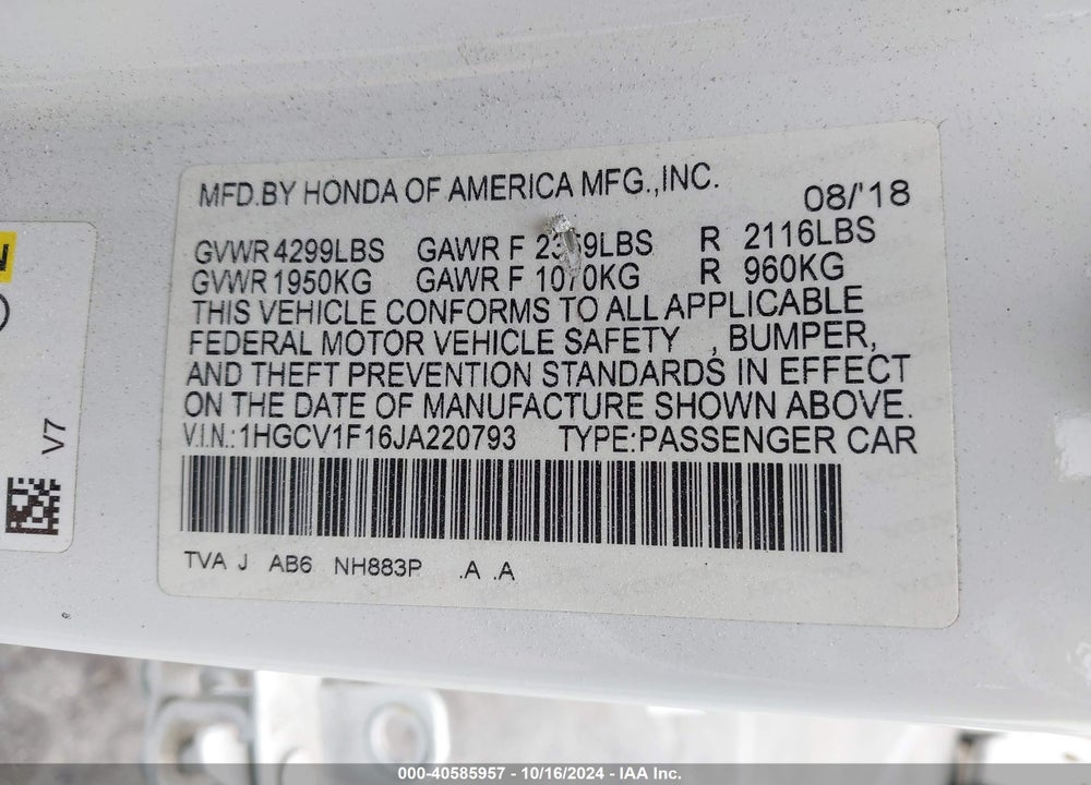 2018 HONDA ACCORD LX VIN: 1HGCV1F16JA220793