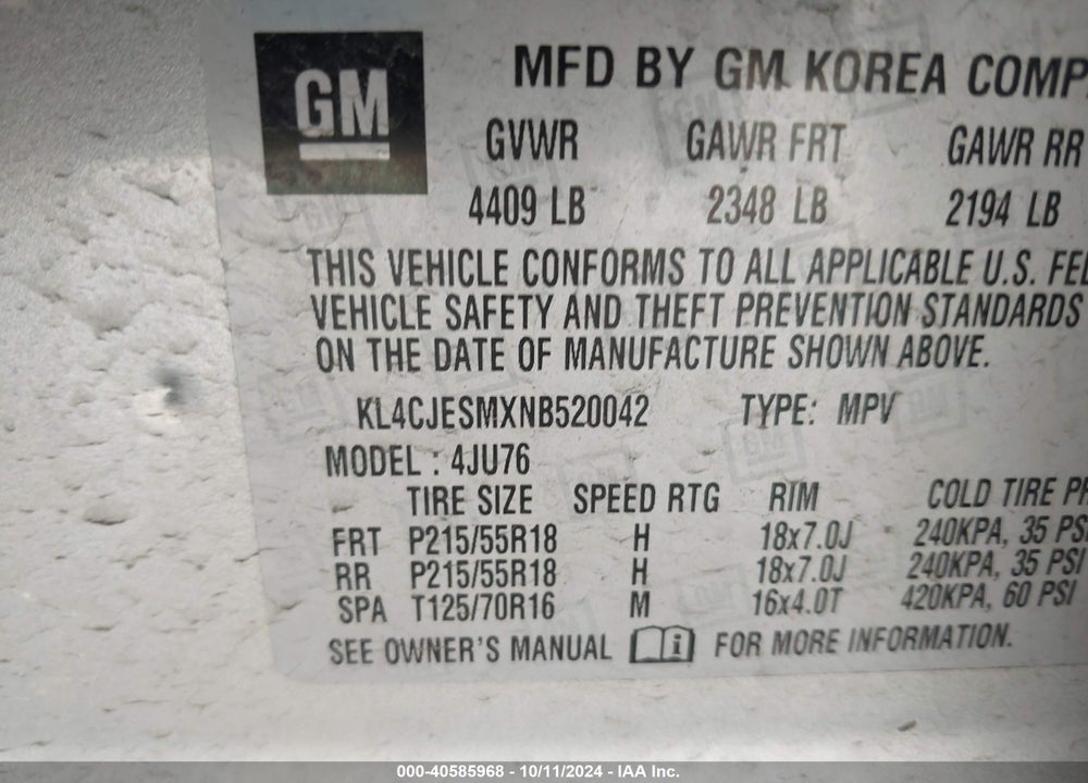 2022 BUICK ENCORE AWD PREFERRED VIN: KL4CJESMXNB520042