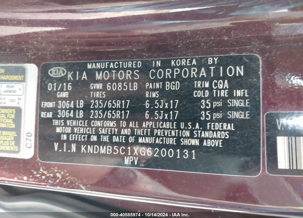 2016 KIA SEDONA LX VIN: KNDMB5C1XG6200131