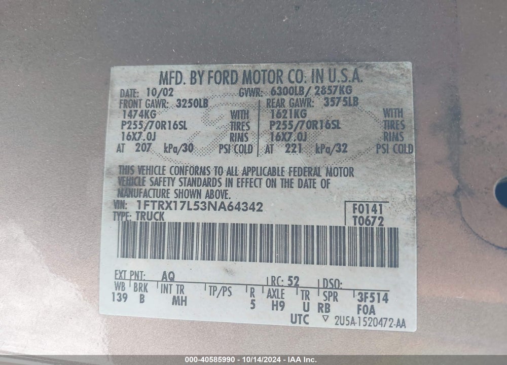 2003 FORD F-150 LARIAT/XL/XLT VIN: 1FTRX17L53NA64342