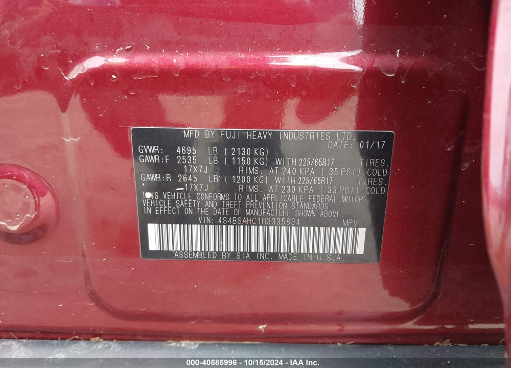 2017 SUBARU OUTBACK 2.5I PREMIUM VIN: 4S4BSAHC1H3335894