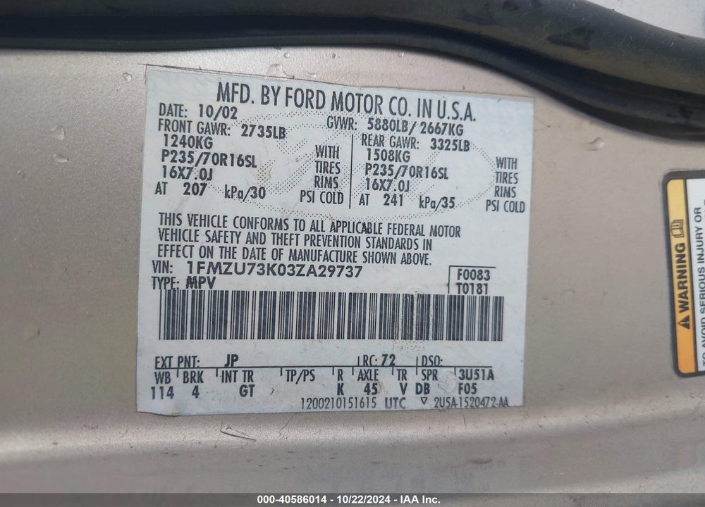 2003 FORD EXPLORER NBX/XLT VIN: 1FMZU73K03ZA29737