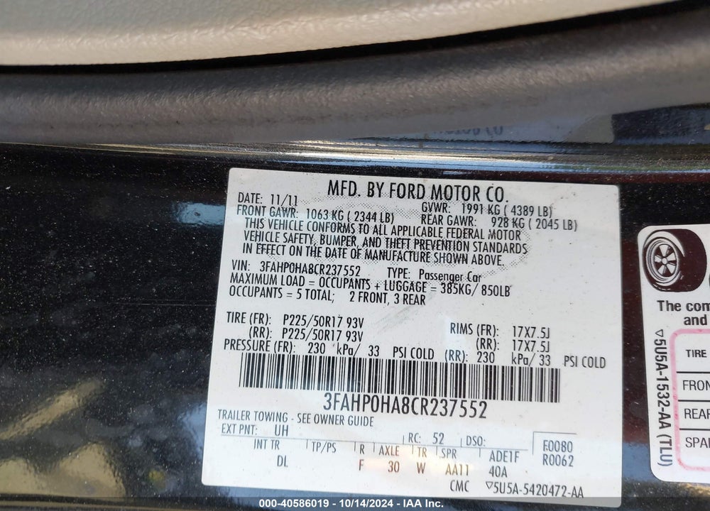 2012 FORD FUSION SE VIN: 3FAHP0HA8CR237552