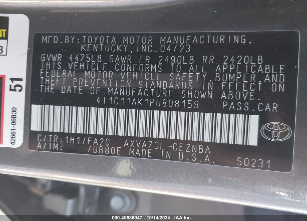 2023 TOYOTA CAMRY LE VIN: 4T1C11AK1PU808159