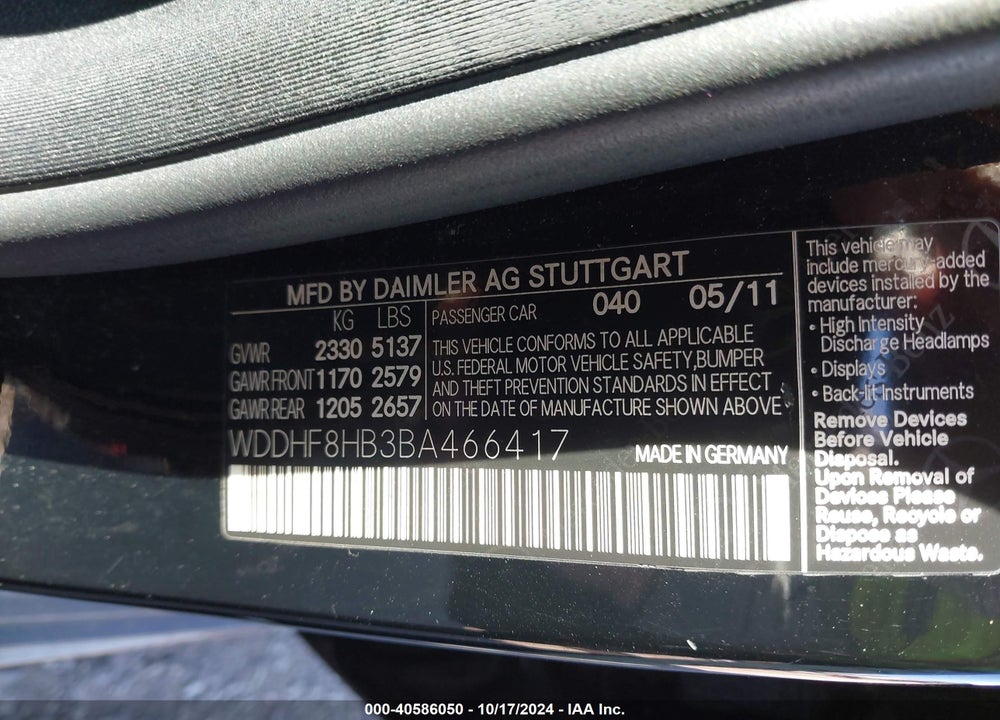 2011 MERCEDES-BENZ E 350 4MATIC VIN: WDDHF8HB3BA466417