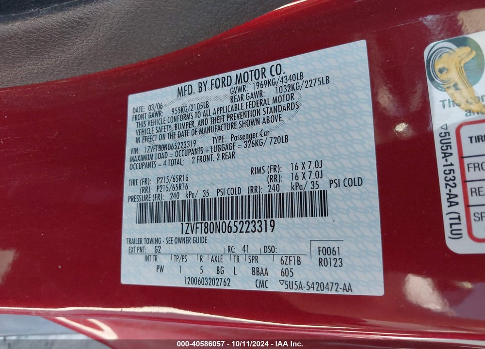 2006 FORD MUSTANG V6 VIN: 1ZVFT80N065223319