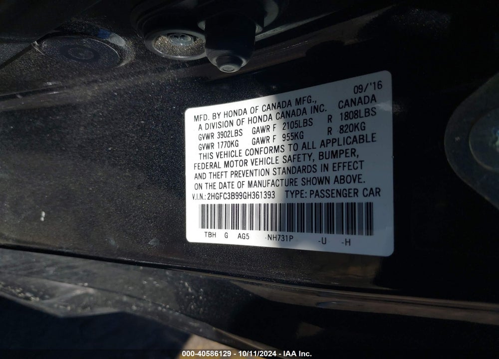2016 HONDA CIVIC TOURING VIN: 2HGFC3B99GH361393