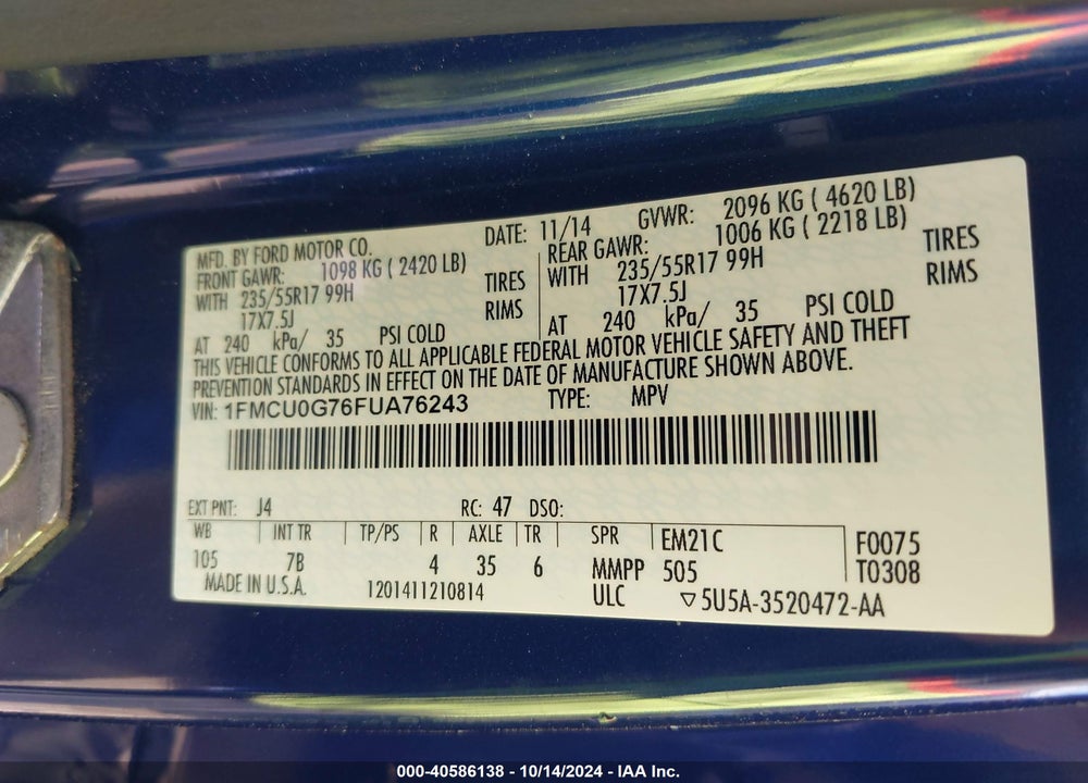 2015 FORD ESCAPE SE VIN: 1FMCU0G76FUA76243