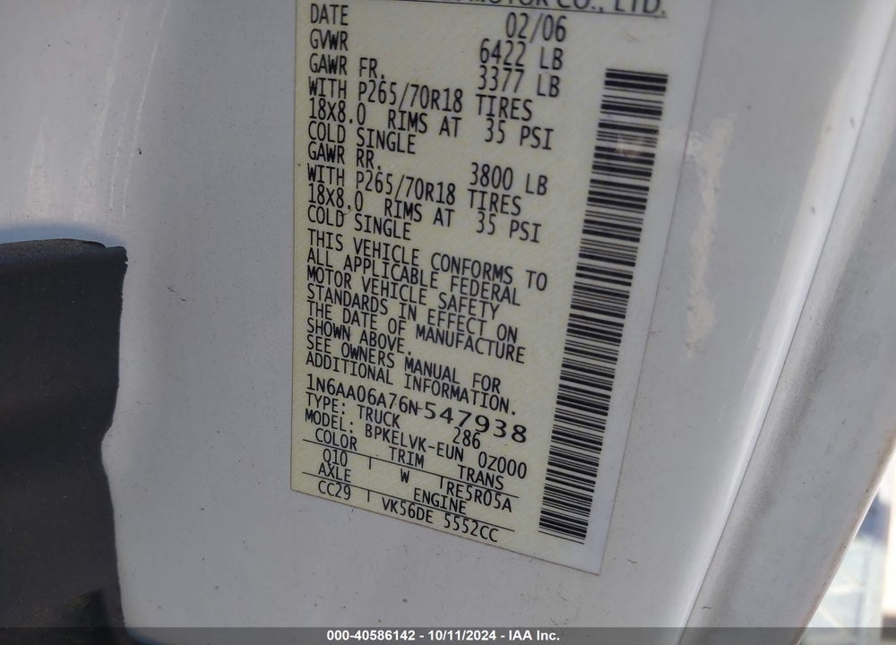 2006 NISSAN TITAN LE VIN: 1N6AA06A76N547938