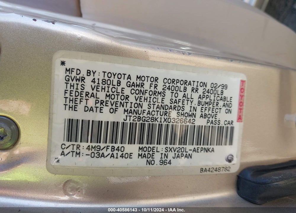 1999 TOYOTA CAMRY LE VIN: JT2BG28K1X0326642
