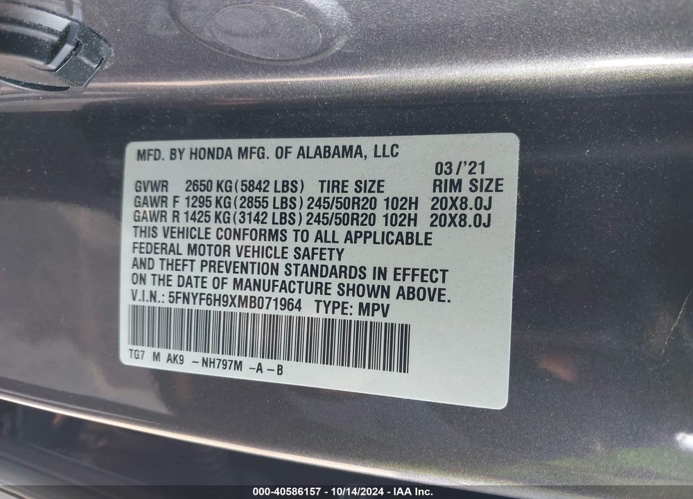 2021 HONDA PILOT AWD TOURING 8 PASSENGER VIN: 5FNYF6H9XMB071964