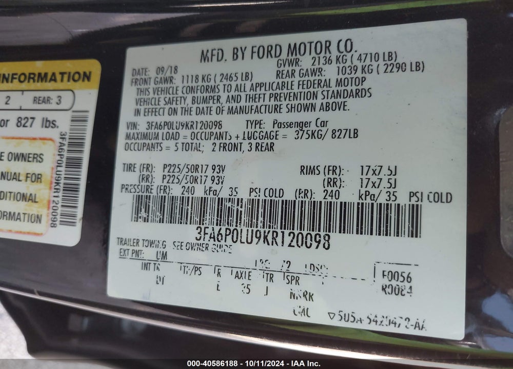 2019 FORD FUSION HYBRID SE VIN: 3FA6P0LU9KR120098
