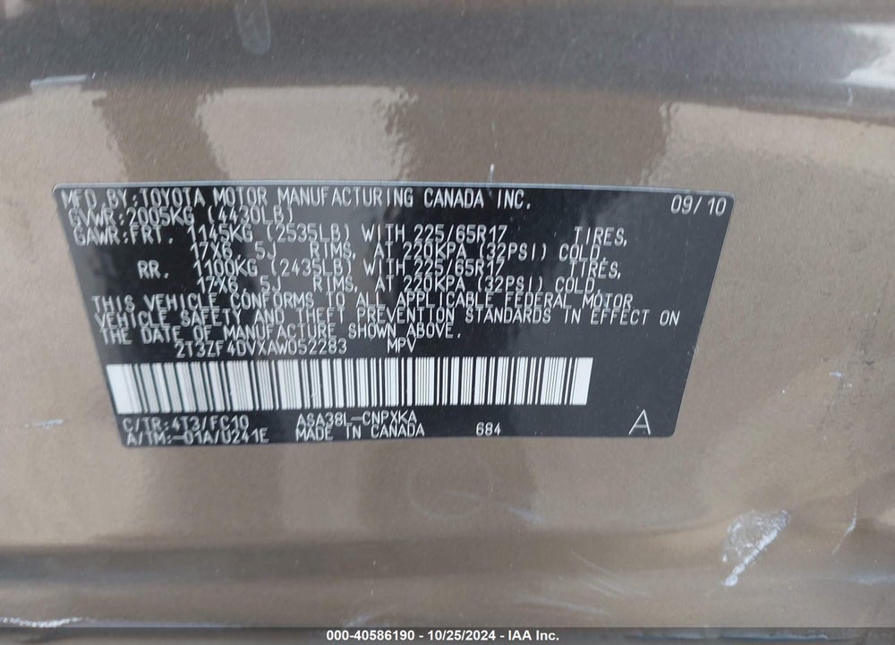 2010 TOYOTA RAV4 VIN: 2T3ZF4DVXAW052283