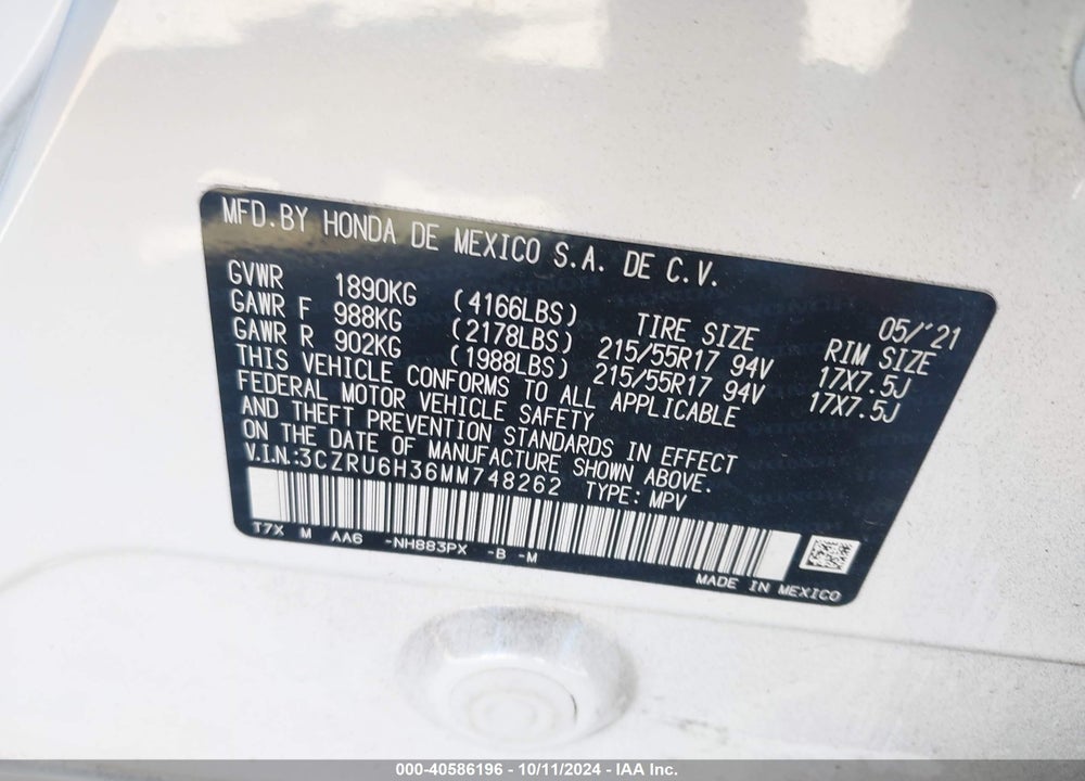 2021 HONDA HR-V AWD LX VIN: 3CZRU6H36MM748262