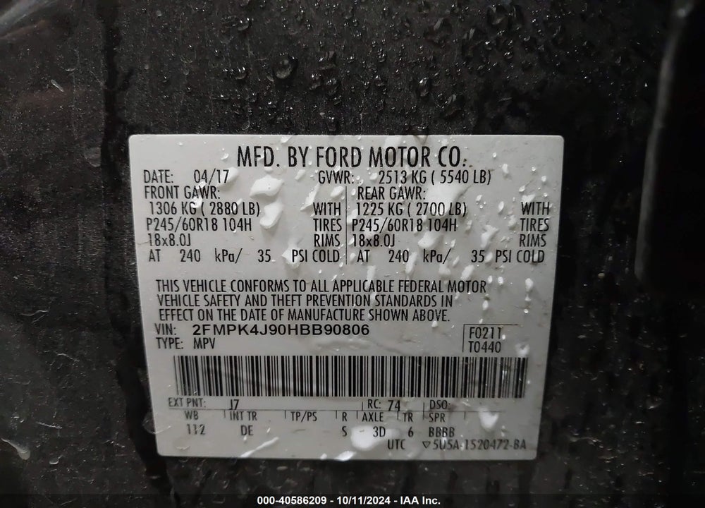 2017 FORD EDGE SEL VIN: 2FMPK4J90HBB90806