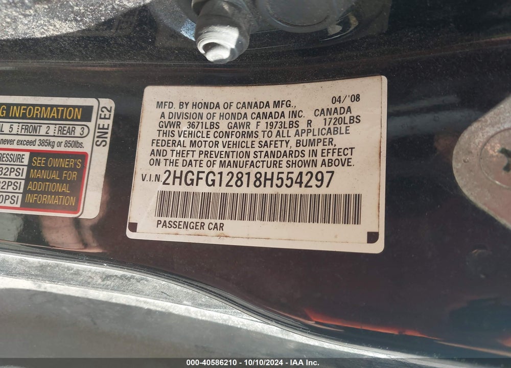2008 HONDA CIVIC EX VIN: 2HGFG12818H554297