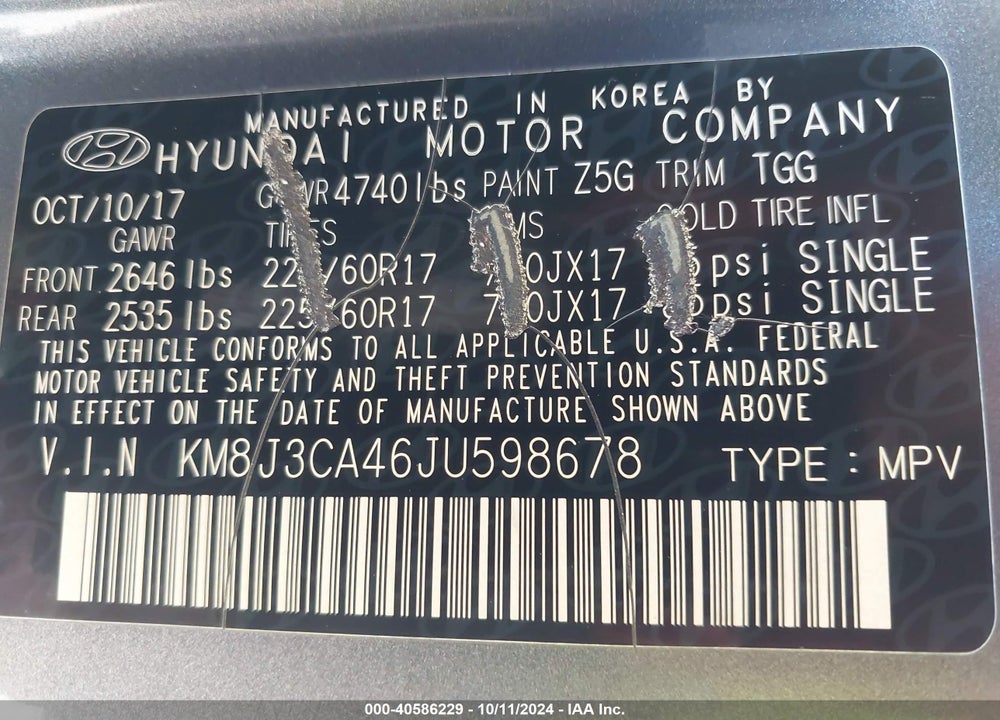 2018 HYUNDAI TUCSON SEL VIN: KM8J3CA46JU598678