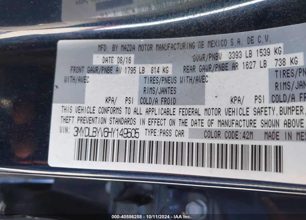 2017 TOYOTA YARIS IA VIN: 3MYDLBYV6HY149505