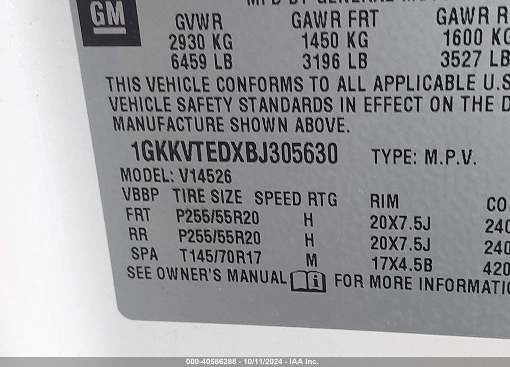 2011 GMC ACADIA DENALI VIN: 1GKKVTEDXBJ305630