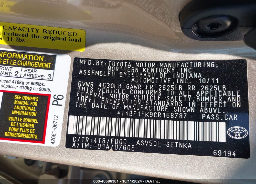 2012 TOYOTA CAMRY LE VIN: 4T4BF1FK9CR168787